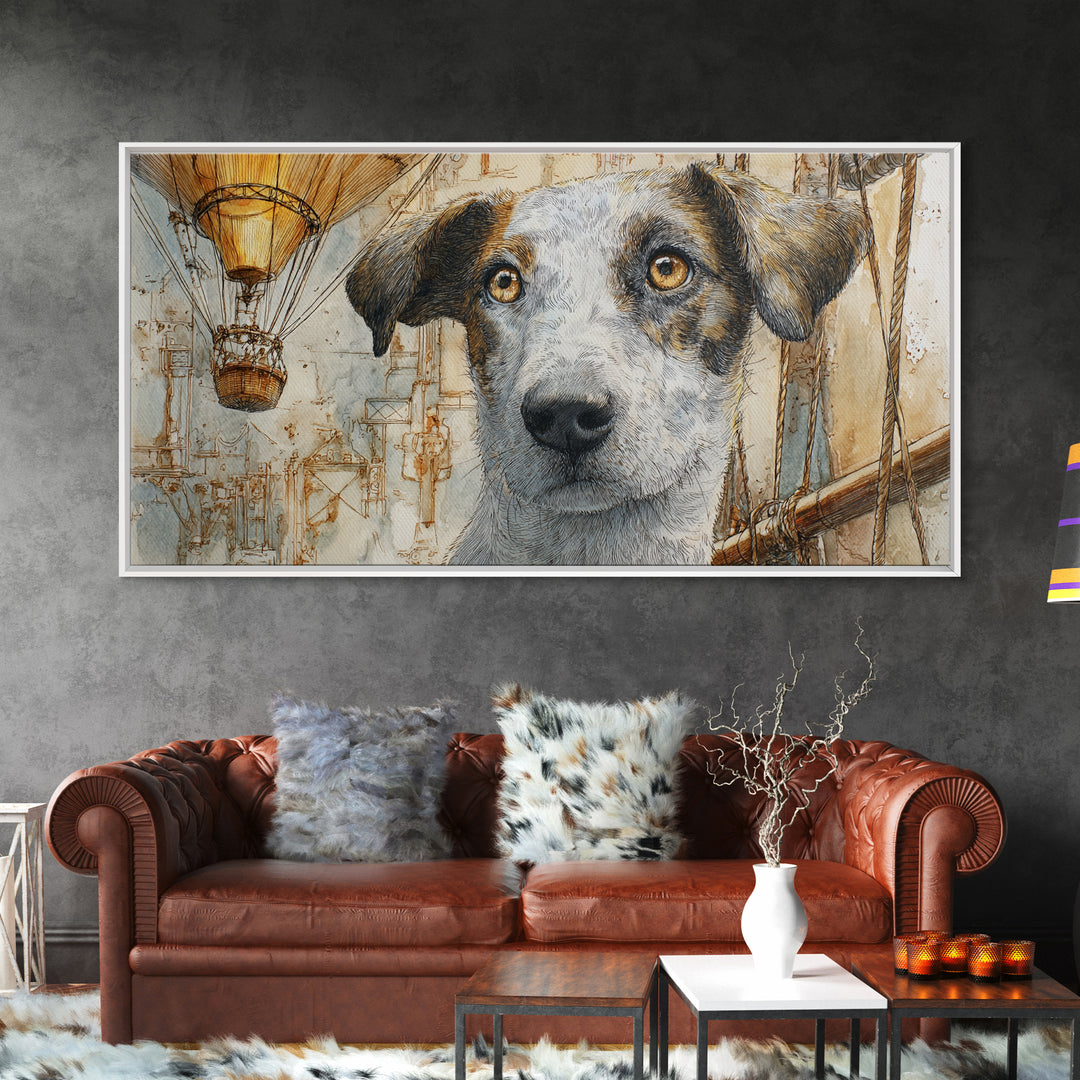 Dog in a Hot Air Balloon Canvas Print, Whimsical Art, Digital Art, Living Room Decor, Wonder, Nursery, Abstract Wall Art, WHI-2x1-82