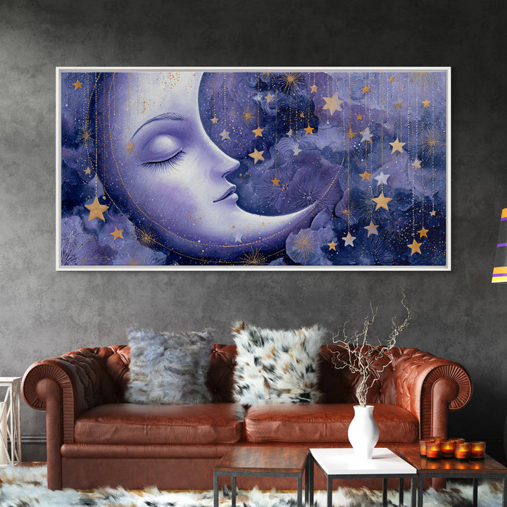 Moon with Sleeping Face and Dangling Stars Framed Canvas Print, Whimsical Art, Living Room Decor, Wonder, Gallery Decor, WHI-2x1-84