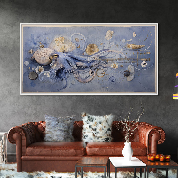 Octopus Conductor with Tiny Instruments Framed Canvas Print, Whimsical Art, Pet Portrait, Living Room Decor, Fine Art, Wonder, WHI-2x1-86