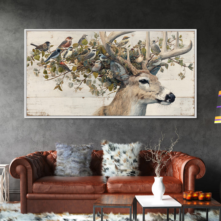 Deer with Antlers Full of Birds Framed Canvas Print, Whimsical Art, Nursery Wall Decor, Living Room Decor, Fine Art, Wonder, WHI-2x1-87