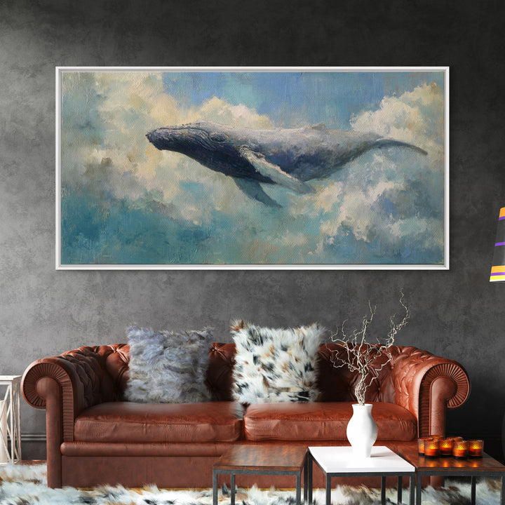 Whale Flying Through Clouds Like Ocean Framed Canvas Print, Whimsical Art, Art Print, Living Room Decor, Fine Art, Wonder, WHI-2x1-9