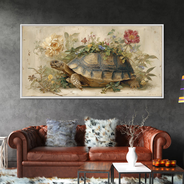 Turtle with Garden Growing on Shell Framed Canvas Print, Whimsical Art, Printable Wall Art, Living Room Decor, Fine Art, Wonder, WHI-2x1-90