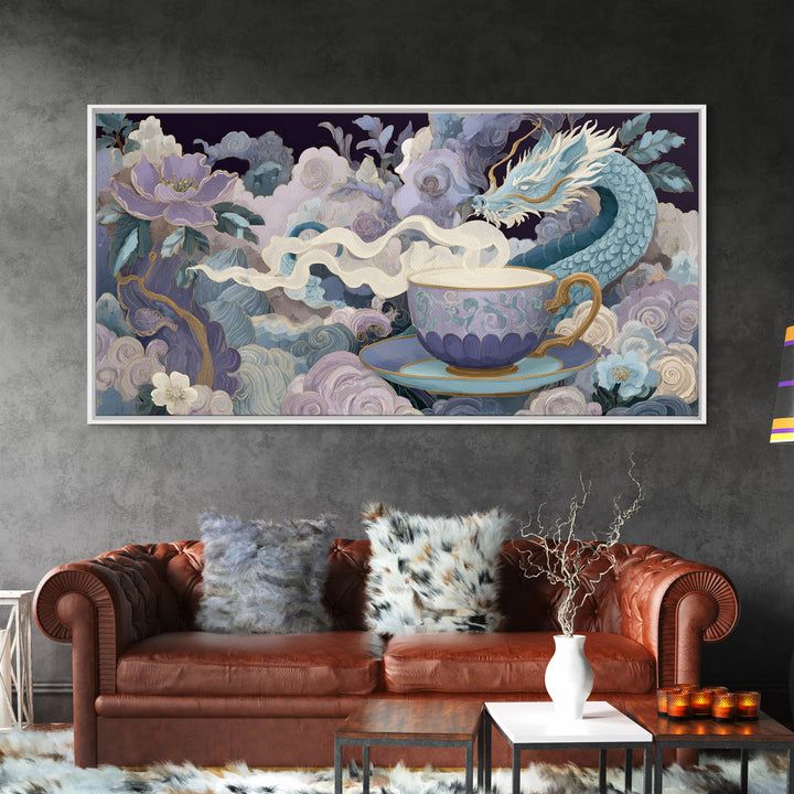 Dragon Curled Around a Teacup Framed Canvas Print, Whimsical Art, Whimsical, Living Room Decor, Oil Painting, Wonder, WHI-2x1-92