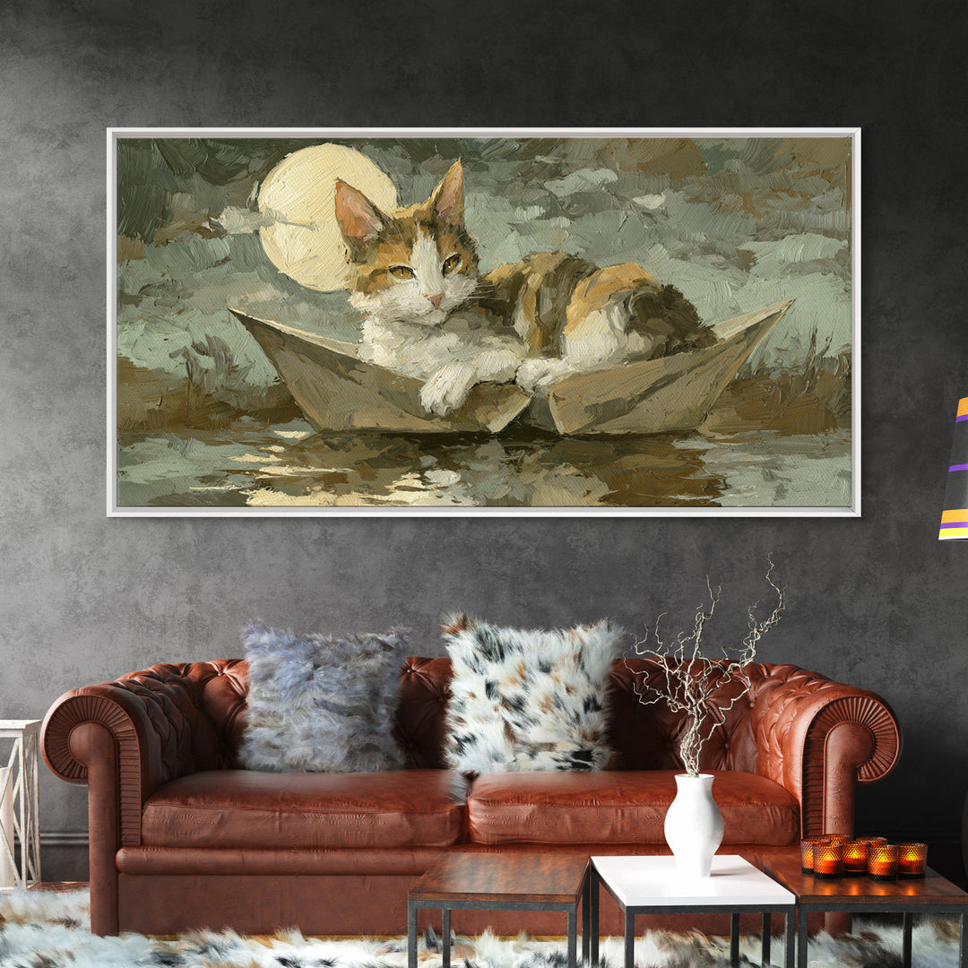 Cat Sailing a Paper Boat Canvas Print, Whimsical Art, Oil Painting, Living Room Decor, Fine Art, Wonder, Dark Academia Decor, WHI-2x1-94