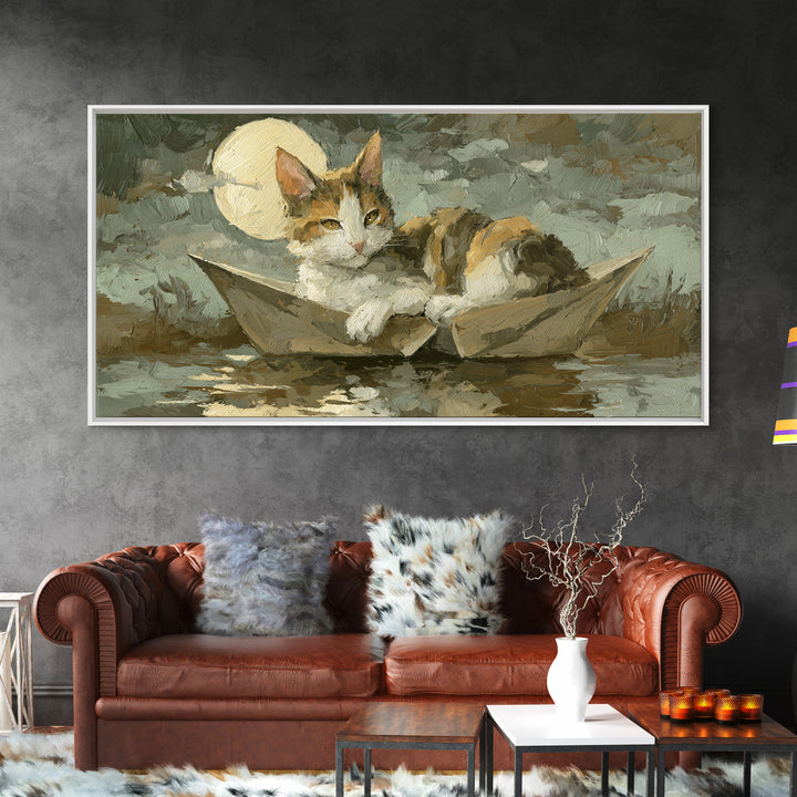 Cat Sailing a Paper Boat Canvas Print, Whimsical Art, Oil Painting, Living Room Decor, Fine Art, Wonder, Dark Academia Decor, WHI-2x1-94
