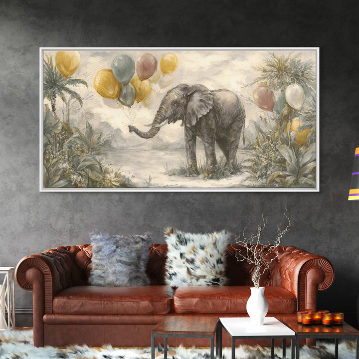 Elephant Holding Balloons Framed Canvas Print, Whimsical Art, Neutral Decor, Living Room Decor, Fine Art, Wonder, Home Decor, WHI-2x1-95