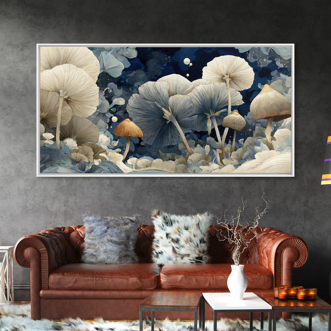 Teacup Garden with Tiny Mushrooms Framed Canvas Print, Whimsical Art, Dopamine Decor, Living Room Decor, Fine Art, Wonder, WHI-2x1-96