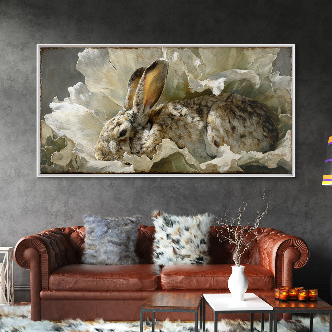 Rabbit Reading Beneath a Giant Flower Framed Canvas Print, Whimsical Art, Abstract Wall Art, Living Room Decor, Watercolor Art, WHI-2x1-97
