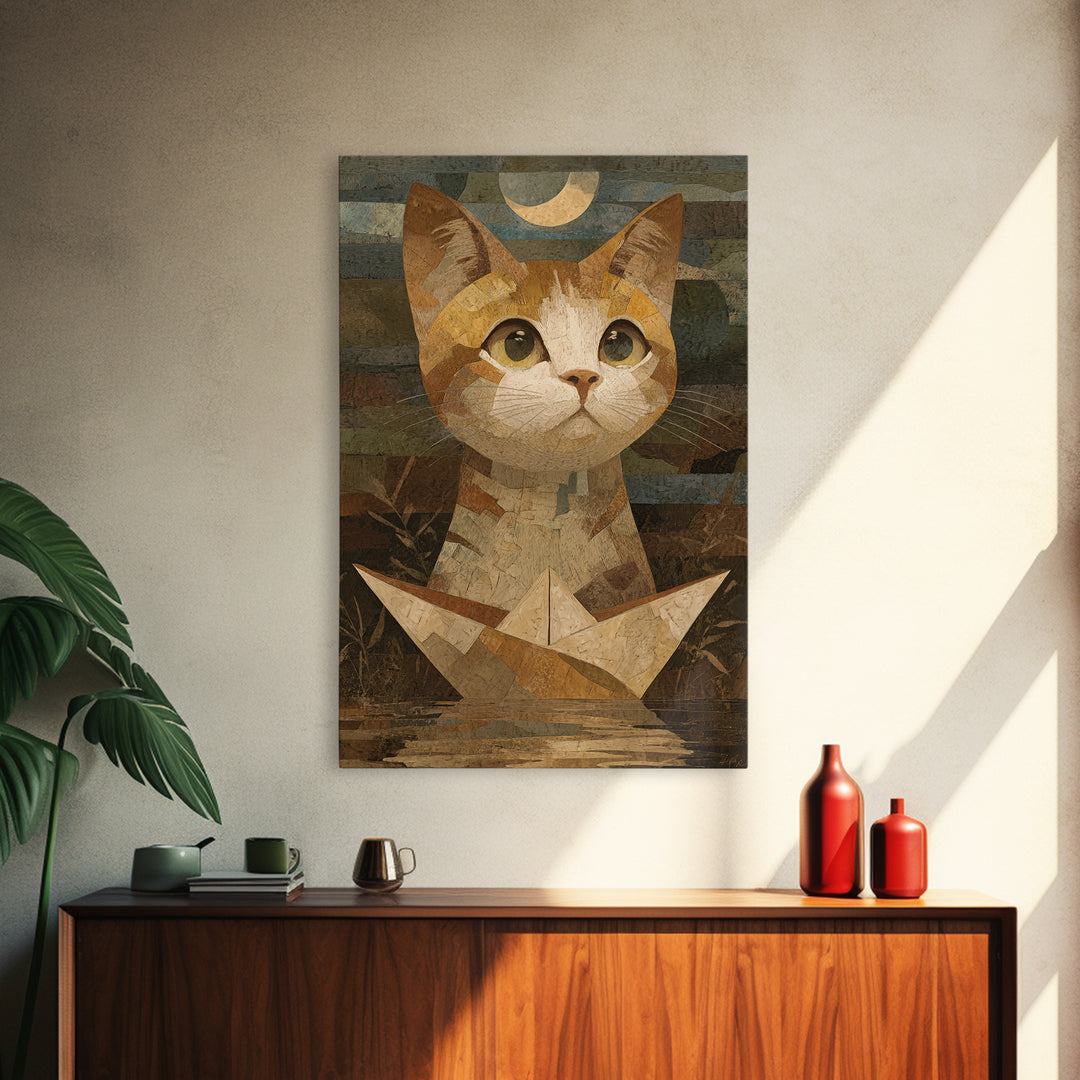 Cat Sailing a Paper Boat Canvas Print, Whimsical Art, Contemporary Art, Living Room Decor, Fine Art, Wonder, Art Nouveau, WHI-2x3-10