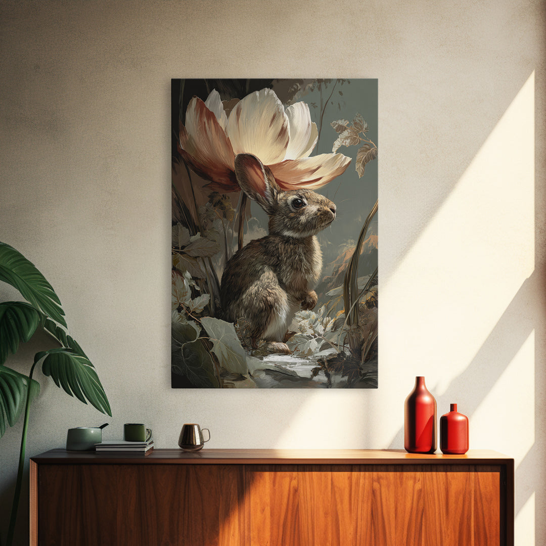 Rabbit Reading Beneath a Giant Flower Framed Canvas Print, Whimsical Art, Nursery Wall Art, Living Room Decor, Fine Art, Wonder, WHI-2x3-13