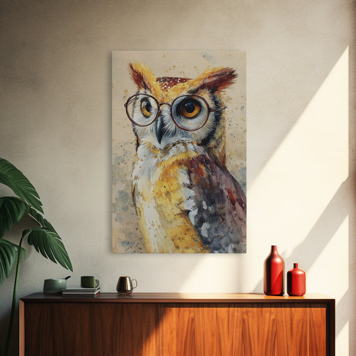 Owl Wearing Spectacles Among Stars Canvas Print, Whimsical Art, Wall Art, Living Room Decor, Oil Painting, Wonder, WHI-2x3-14