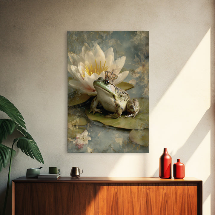 Frog Prince on a Lily Pad Canvas Print, Whimsical Art, Gallery Decor, Living Room Decor, Fine Art, Wonder, Wall Art, Home Decor, WHI-2x3-16
