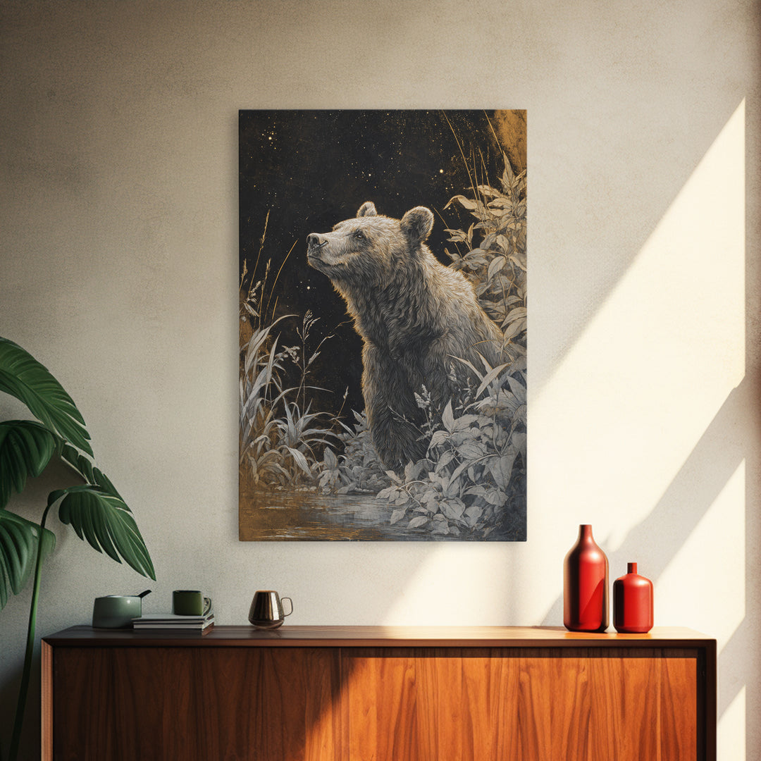 Bear Painting Stars Onto the Night Sky Framed Canvas Print, Whimsical Art, Art Nouveau, Living Room Decor, Abstract Art, Wonder, WHI-2x3-17