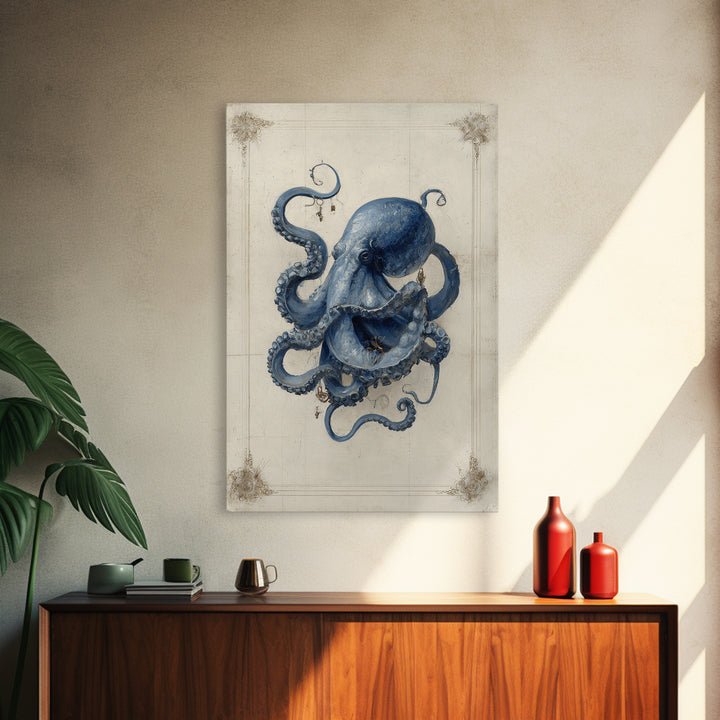 Octopus Conductor with Tiny Instruments Framed Canvas Print, Whimsical Art, Living Room Decor, Abstract Art, Wonder, WHI-2x3-2