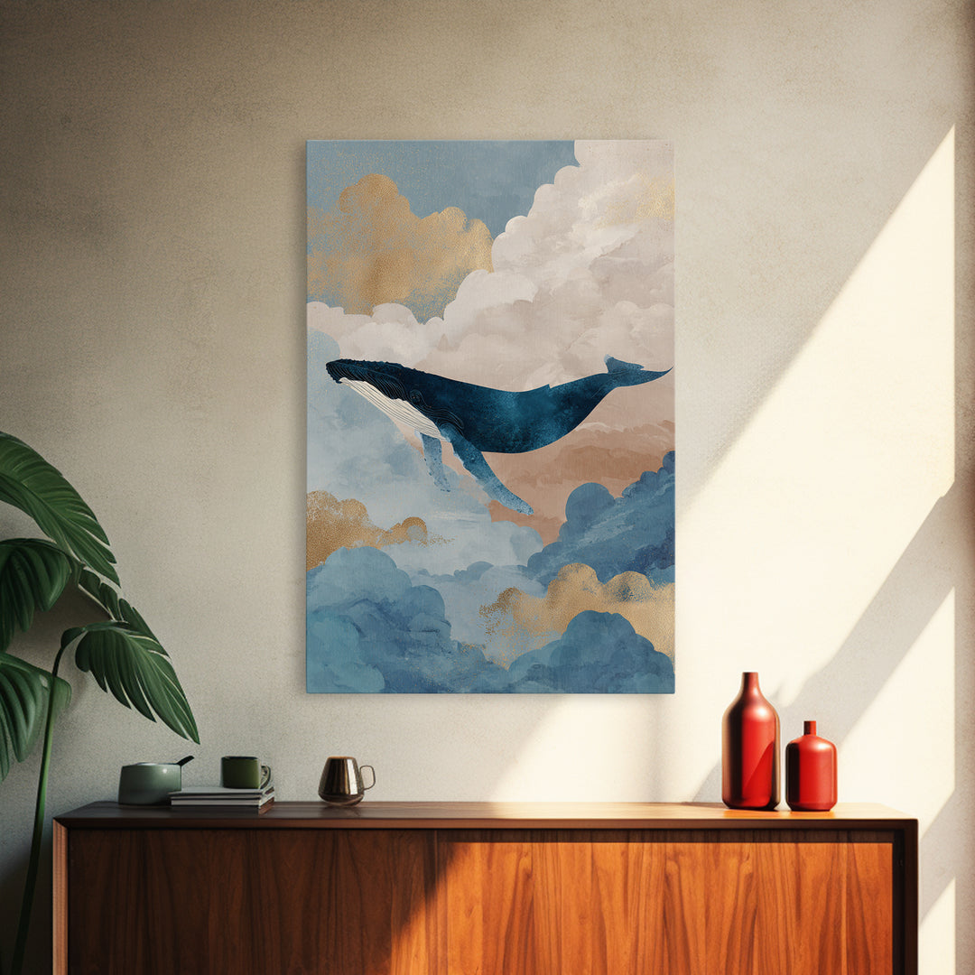 Whale Flying Through Clouds Like Ocean Framed Canvas Print, Whimsical Art, Printable Wall Art, Living Room Decor, Wonder, WHI-2x3-21