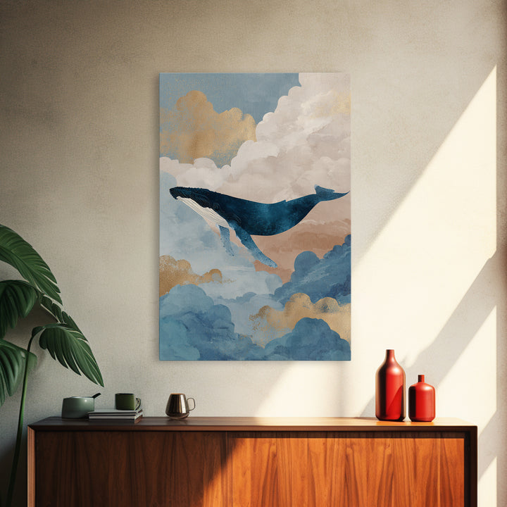 Whale Flying Through Clouds Like Ocean Framed Canvas Print, Whimsical Art, Printable Wall Art, Living Room Decor, Wonder, WHI-2x3-21