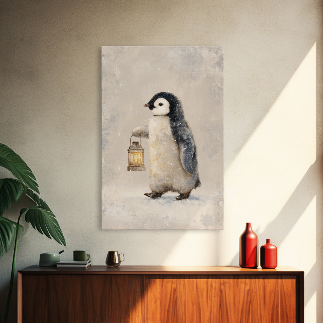 Penguin Holding a Lantern Framed Canvas Print, Whimsical Art, Oil Painting, Living Room Decor, Wonder, Dark Academia Decor, WHI-2x3-25