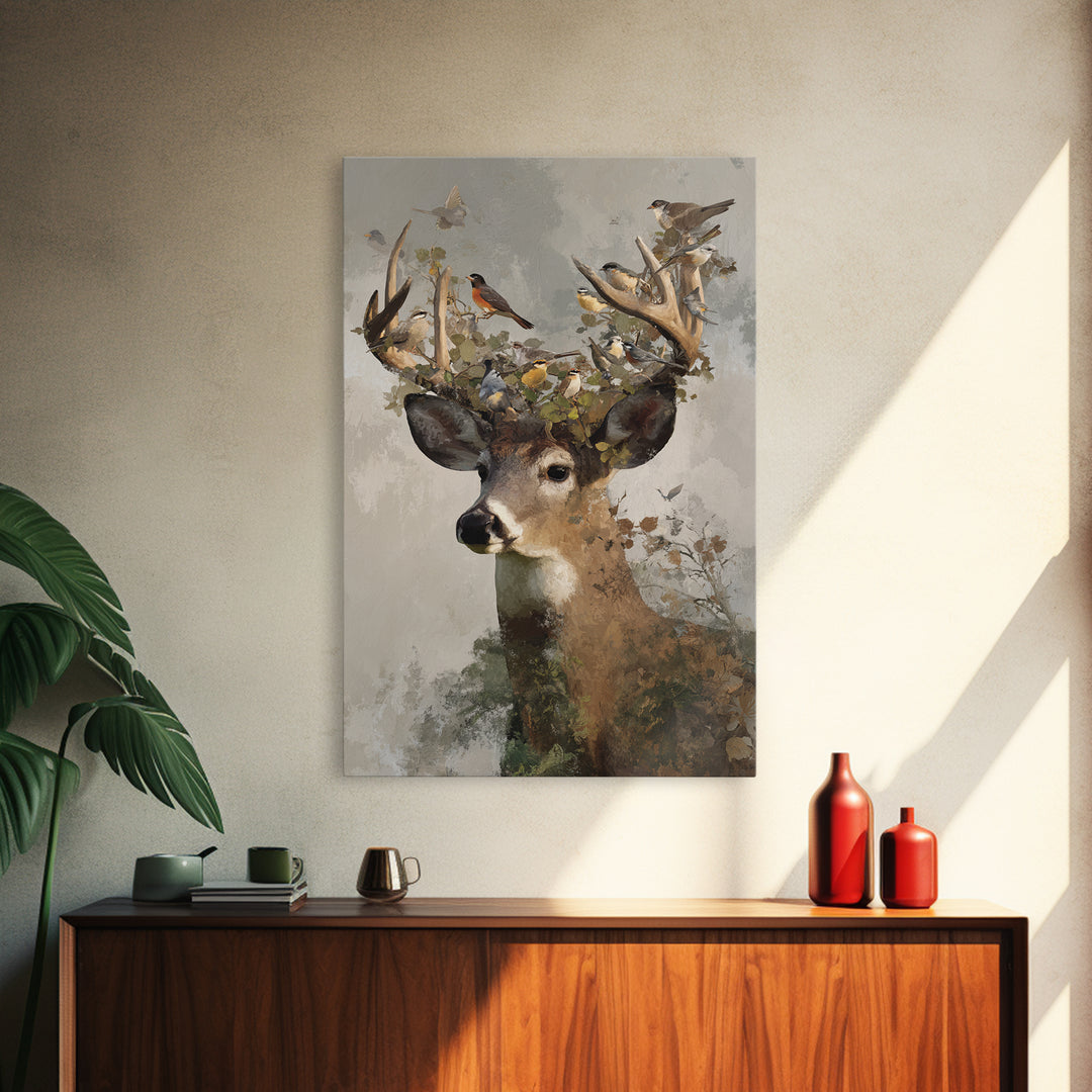 Deer with Antlers Full of Birds Framed Canvas Print, Whimsical Art, Room Decor, Living Room Decor, Wonder, Oil Painting, WHI-2x3-3