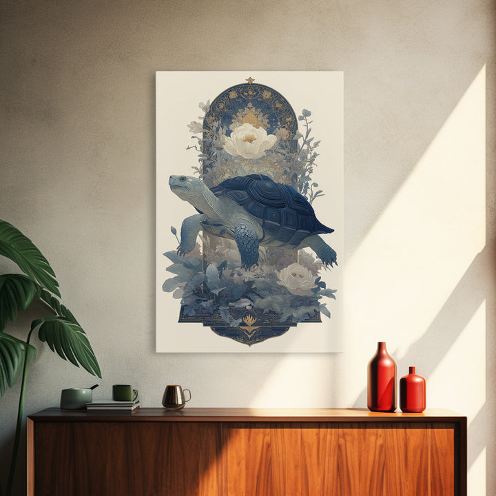 Turtle with Garden Growing on Shell Framed Canvas Print, Whimsical Art, Minimalist Decor, Living Room Decor, Oil Painting, WHI-2x3-30