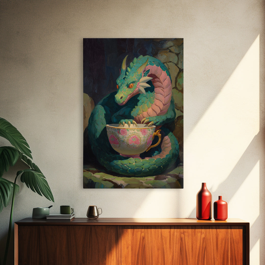 Dragon Curled Around a Teacup Canvas Print, Whimsical Art, Statement Artwork, Living Room Decor, Fine Art, Wonder, Art Print, WHI-2x3-32