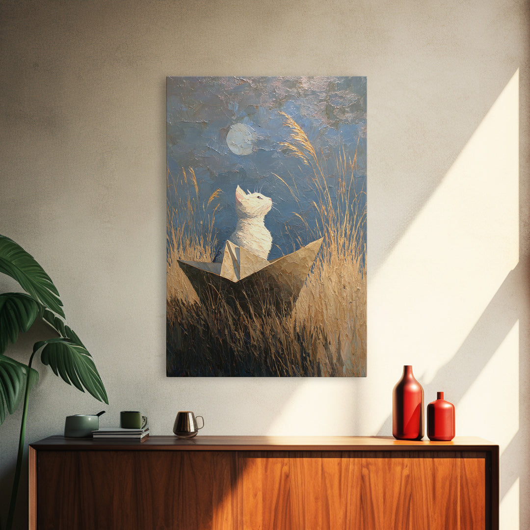 Cat Sailing a Paper Boat Framed Canvas Print, Whimsical Art, Digital Art, Living Room Decor, Fine Art, Wonder, Nursery, WHI-2x3-34