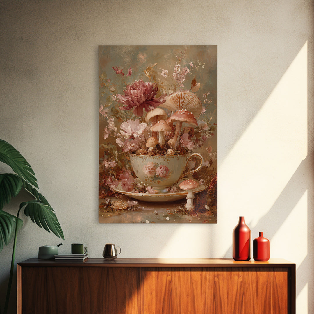 Teacup Garden with Tiny Mushrooms Framed Canvas Print, Whimsical Art, Watercolor Art, Living Room Decor, Fine Art, Wonder, WHI-2x3-36