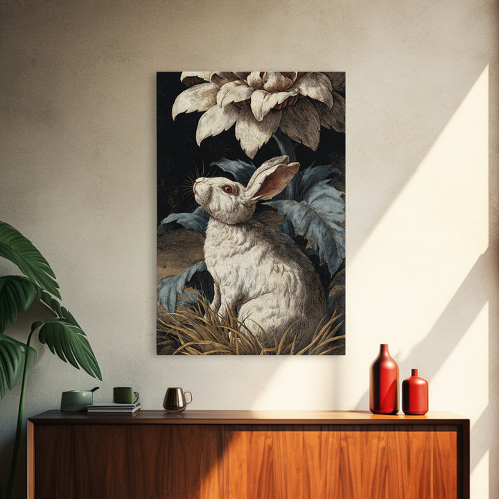 Rabbit Reading Beneath a Giant Flower Framed Canvas Print, Whimsical Art, Nursery Wall Art, Living Room Decor, Fine Art, Wonder, WHI-2x3-37