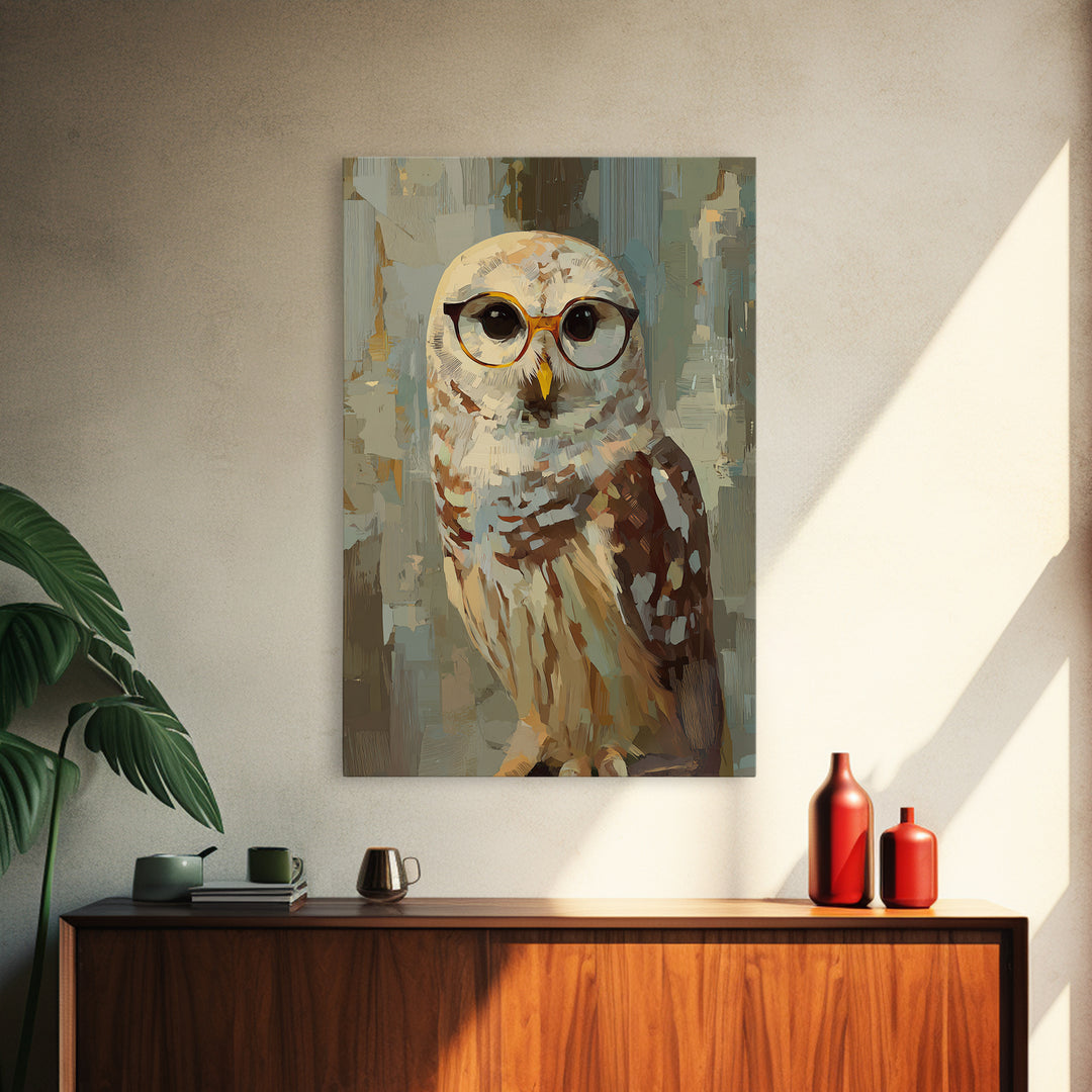 Owl Wearing Spectacles Among Stars Framed Canvas Print, Whimsical Art, Pet Portrait, Living Room Decor, Fine Art, Wonder, WHI-2x3-38