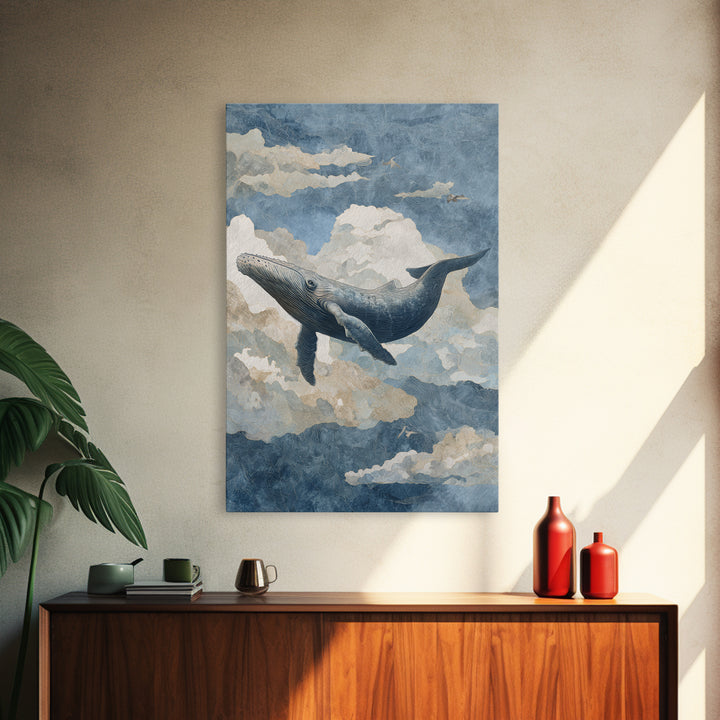 Whale Flying Through Clouds Like Ocean Canvas Print, Whimsical Art, Framed Wall Art, Living Room Decor, Oil Painting, Wonder, WHI-2x3-45