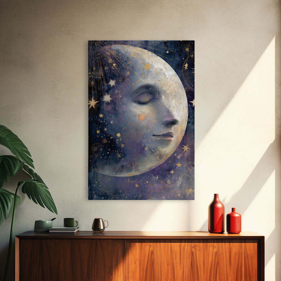 Moon with Sleeping Face and Dangling Stars Framed Canvas Print, Whimsical Art, Home Decor, Living Room Decor, Fine Art, Wonder, WHI-2x3-48