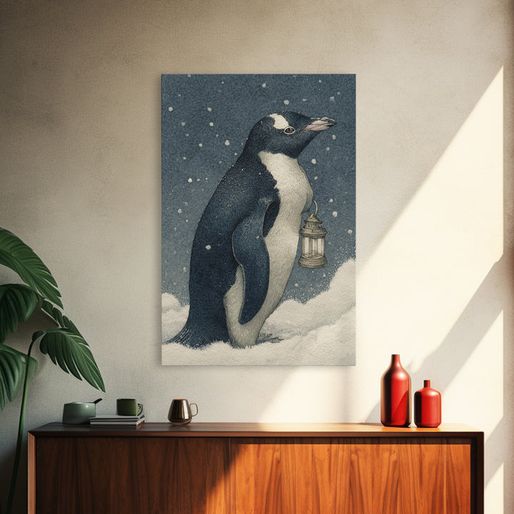 Penguin Holding a Lantern Canvas Print, Whimsical Art, Digital Print, Living Room Decor, Wonder, Bird Art, Nursery Art, WHI-2x3-49