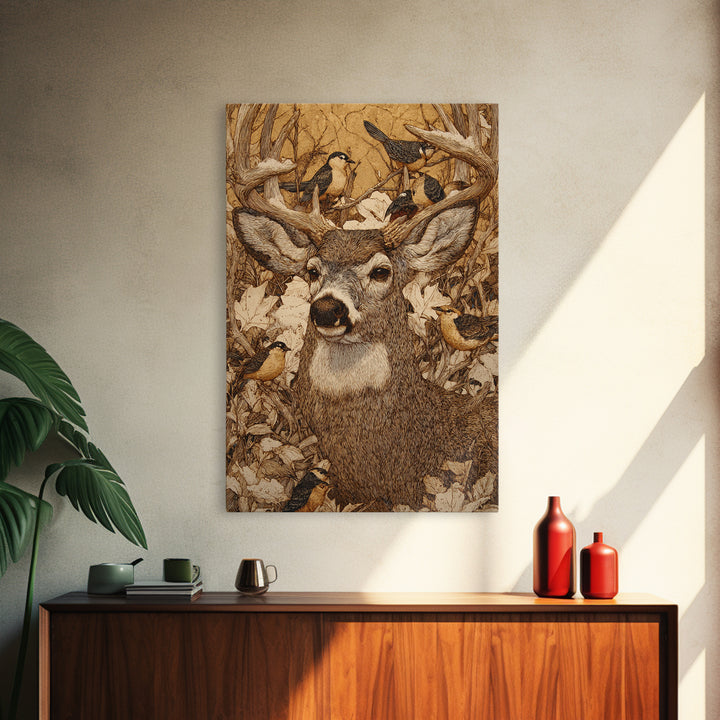 Deer with Antlers Full of Birds Framed Canvas Print, Whimsical Art, Printable Wall Art, Living Room Decor, Oil Painting, Wonder, WHI-2x3-51