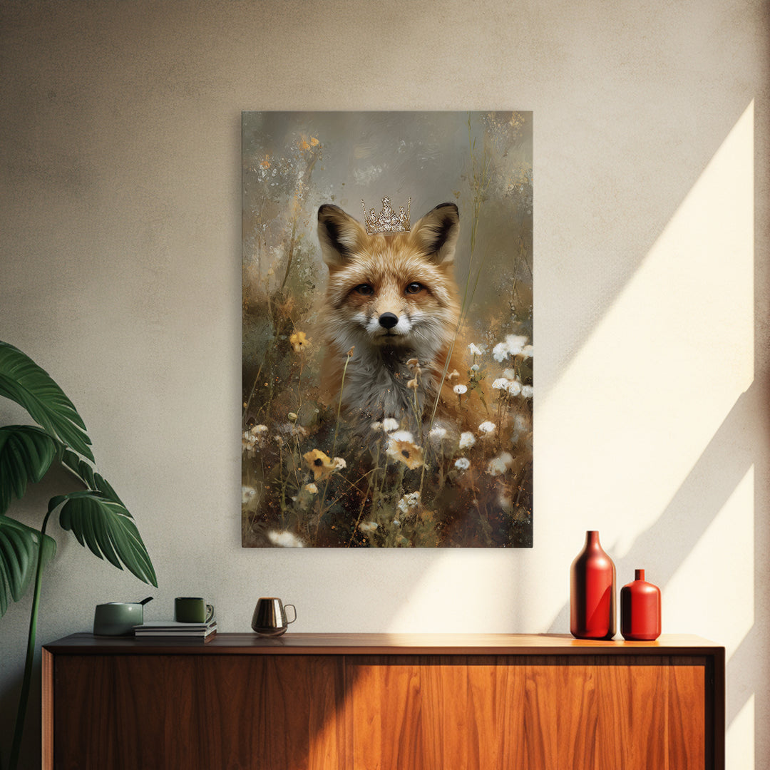 Fox Wearing a Tiny Crown Canvas Print, Whimsical Art, Dopamine Decor, Living Room Decor, Fine Art, Wonder, Fine Art Print, WHI-2x3-57