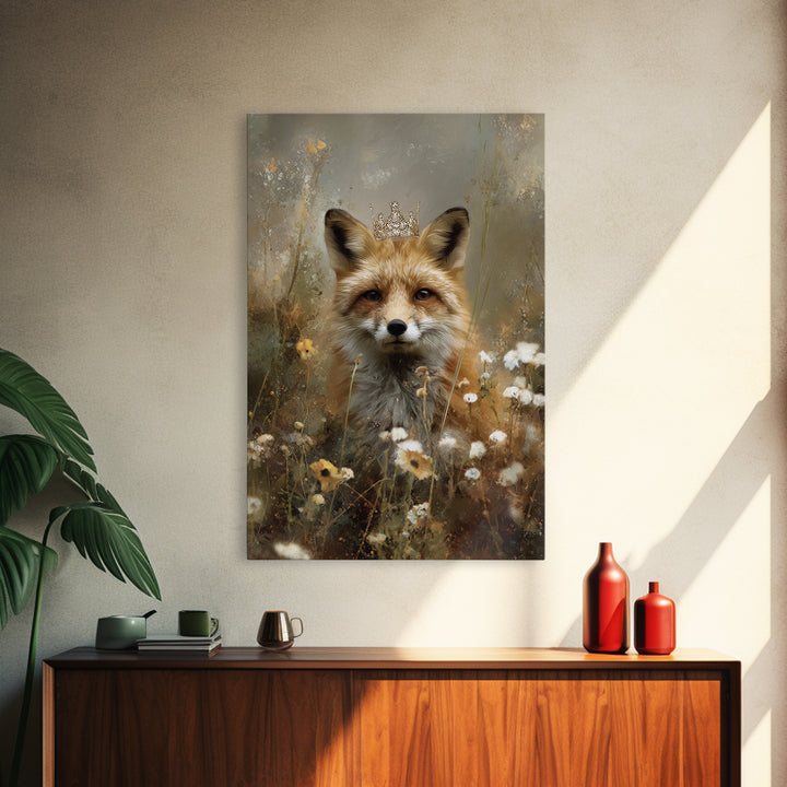 Fox Wearing a Tiny Crown Canvas Print, Whimsical Art, Dopamine Decor, Living Room Decor, Fine Art, Wonder, Fine Art Print, WHI-2x3-57