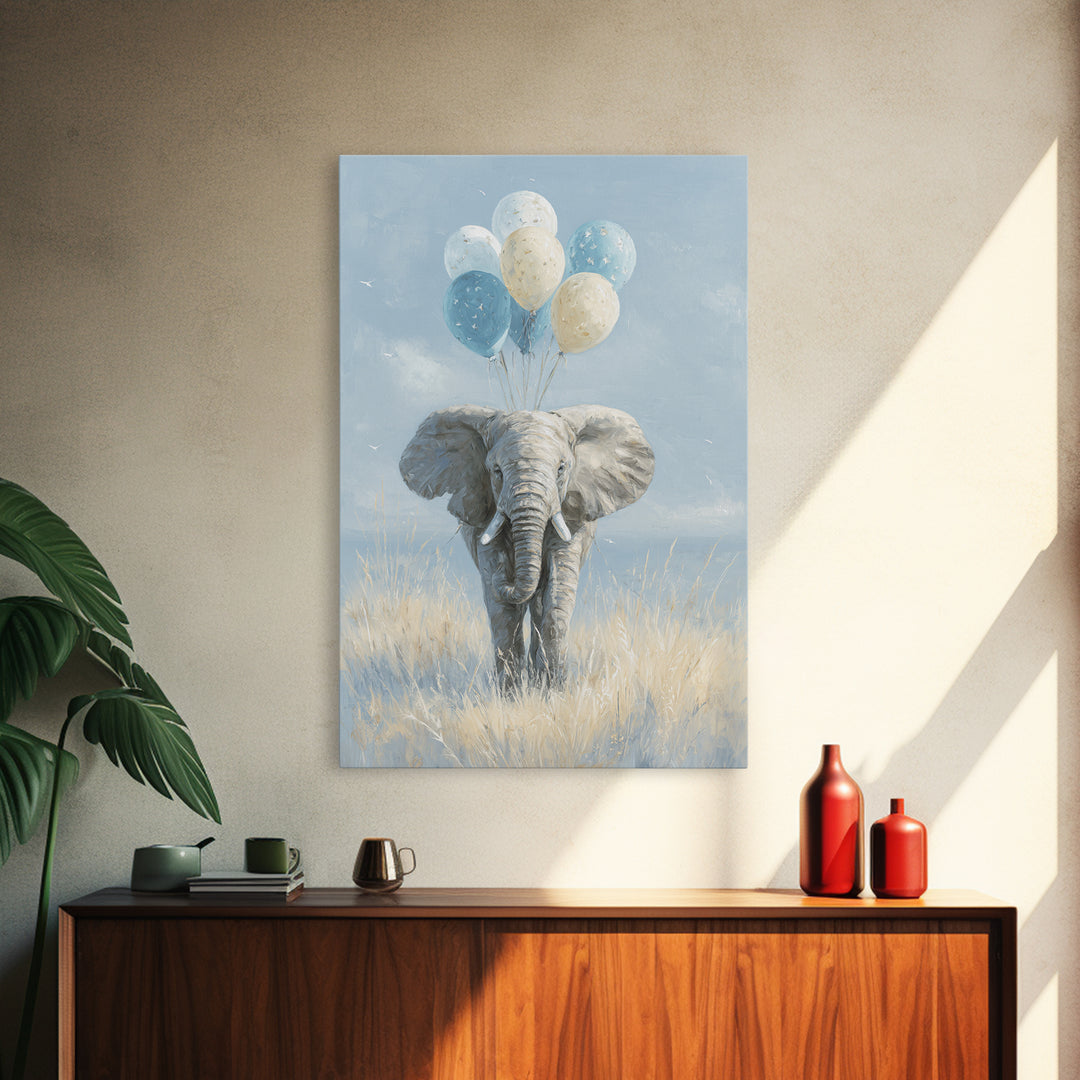 Elephant Holding Balloons Framed Canvas Print, Whimsical Art, Whimsical, Living Room Decor, Oil Painting, Wonder, Nursery Art, WHI-2x3-59
