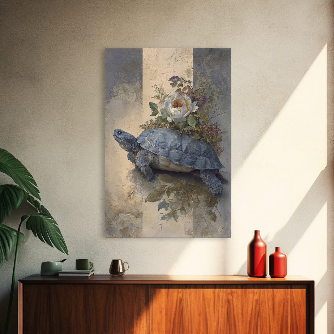 Turtle with Garden Growing on Shell Framed Canvas Print, Whimsical Art, Minimalist Decor, Living Room Decor, Oil Painting, WHI-2x3-6