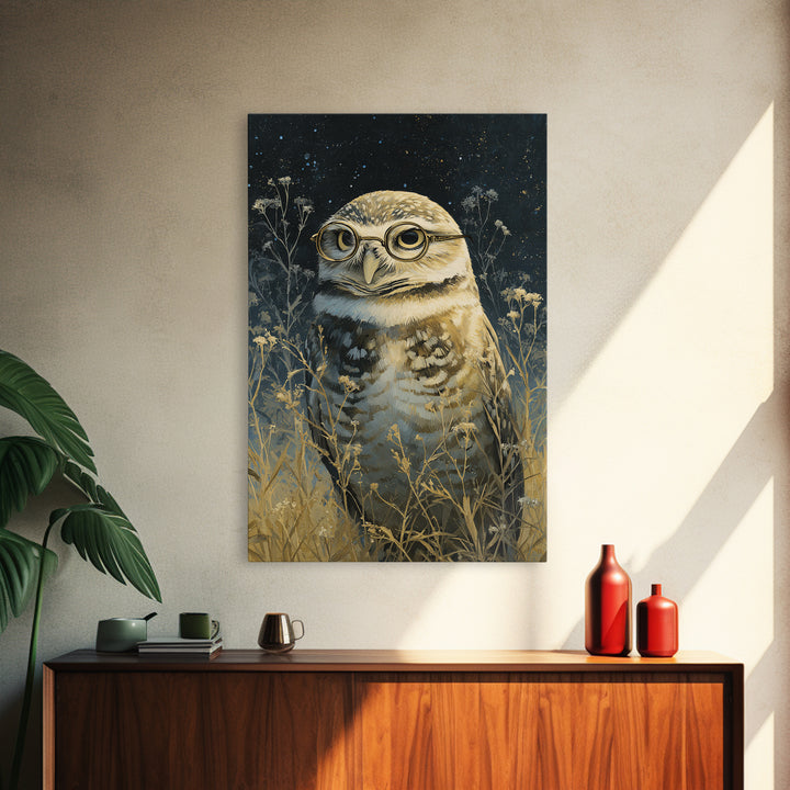 Owl Wearing Spectacles Among Stars Canvas Print, Whimsical Art, Art Nouveau, Living Room Decor, Abstract Art, Wonder, WHI-2x3-62