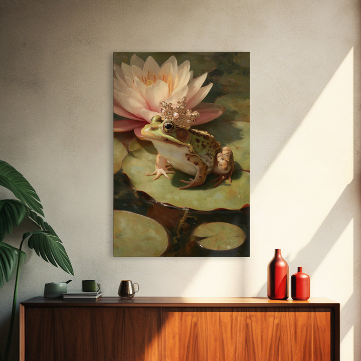 Frog Prince on a Lily Pad Framed Canvas Print, Whimsical Art, Digital Art, Living Room Decor, Fine Art, Wonder, Nursery, WHI-2x3-64
