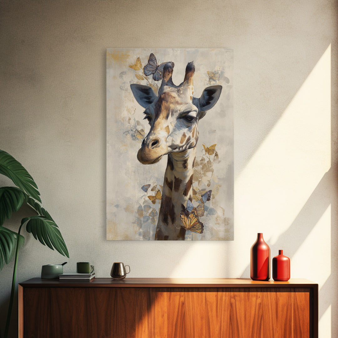 Giraffe with Scarf and Butterflies Canvas Print, Whimsical Art, Printable Wall Art, Living Room Decor, Oil Painting, Wonder, WHI-2x3-66