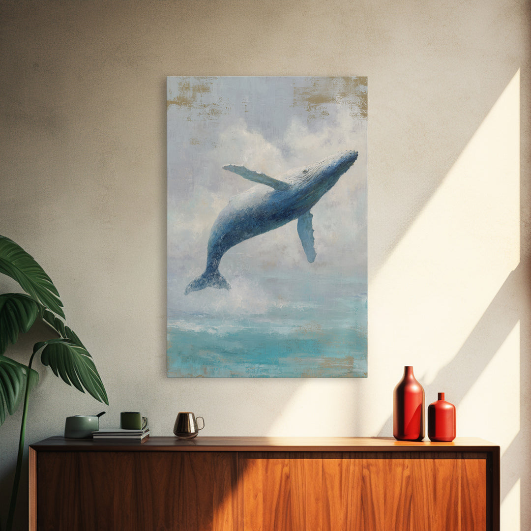 Whale Flying Through Clouds Like Ocean Framed Canvas Print, Whimsical Art, Living Room Decor, Fine Art, Wonder, Gallery Decor, WHI-2x3-69