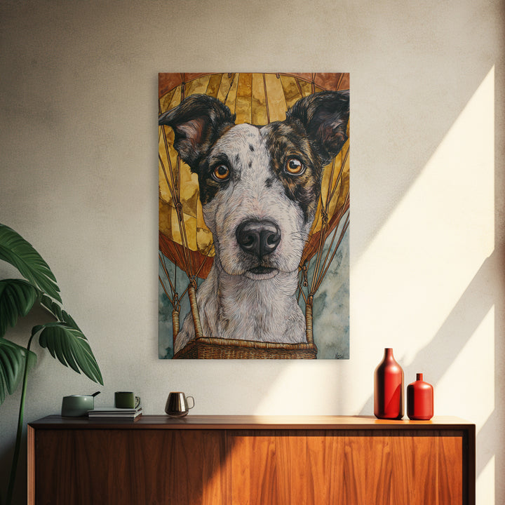 Dog in a Hot Air Balloon Canvas Print, Whimsical Art, Oil Painting, Living Room Decor, Fine Art, Wonder, Dark Academia Decor, WHI-2x3-70
