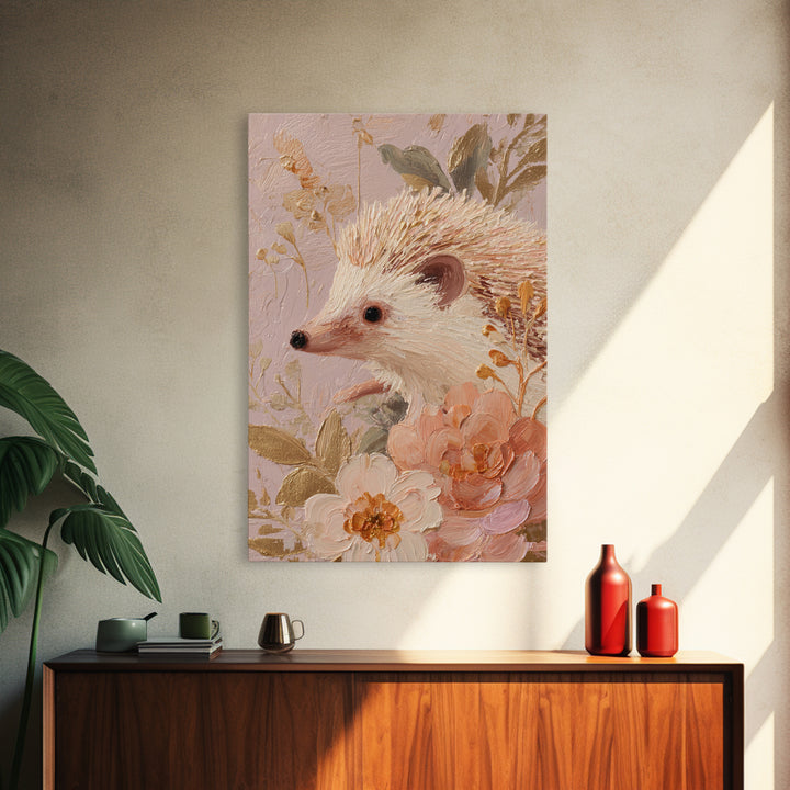 Hedgehog Carrying Wildflowers Canvas Print, Whimsical Art, Nursery, Living Room Decor, Oil Painting, Wonder, Watercolor Art, WHI-2x3-71