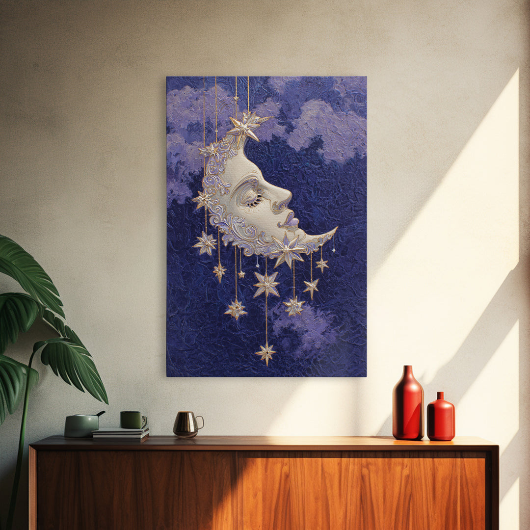 Moon with Sleeping Face and Dangling Stars Canvas Print, Whimsical Art, Printable Wall Art, Living Room Decor, Fine Art, Wonder, WHI-2x3-72