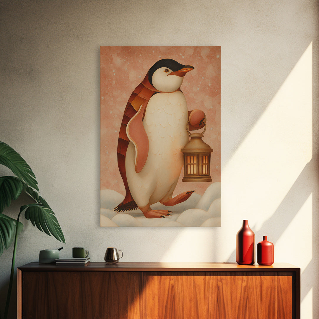 Penguin Holding a Lantern Framed Canvas Print, Whimsical Art, Abstract Wall Art, Living Room Decor, Fine Art, Wonder, WHI-2x3-73