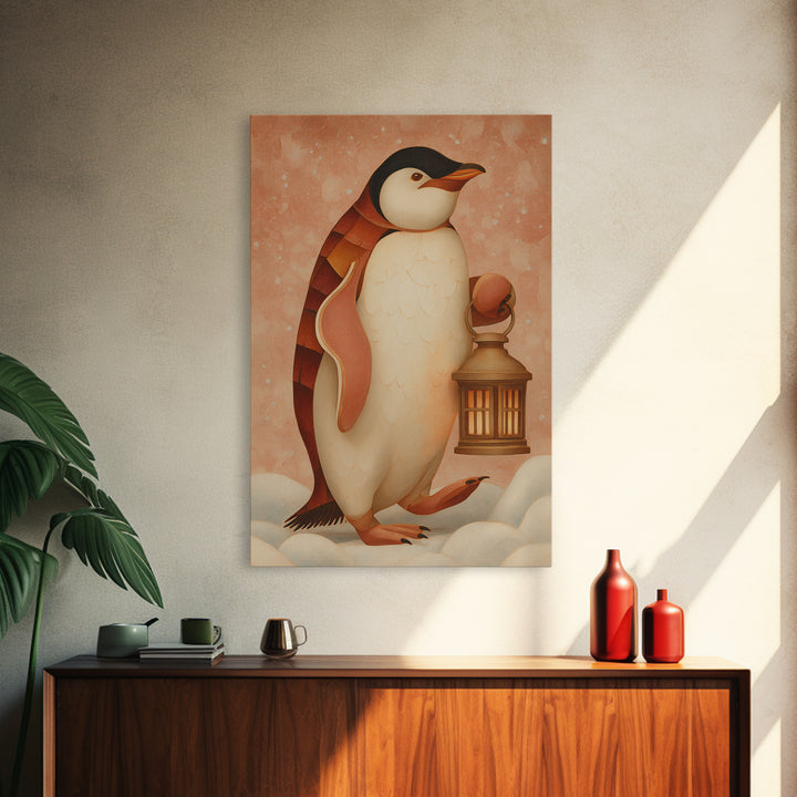 Penguin Holding a Lantern Framed Canvas Print, Whimsical Art, Abstract Wall Art, Living Room Decor, Fine Art, Wonder, WHI-2x3-73
