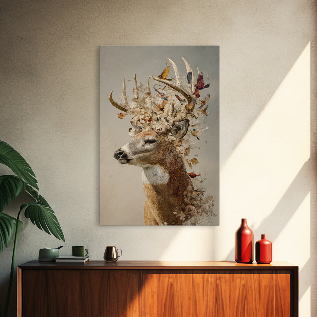 Deer with Antlers Full of Birds Framed Canvas Print, Whimsical Art, Living Room Decor, Fine Art, Wonder, Gallery Decor, WHI-2x3-75