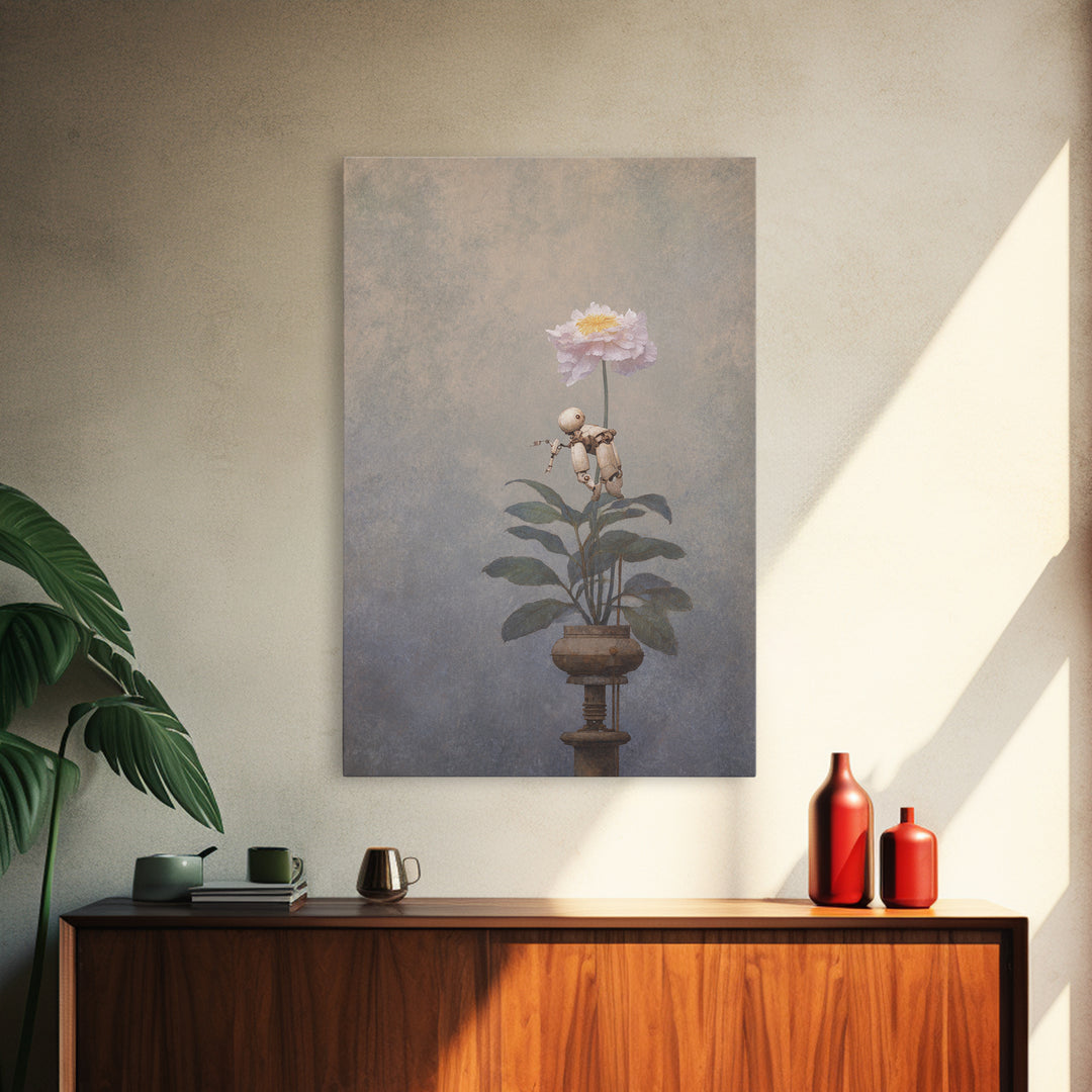 Robot Watering a Single Flower Canvas Print, Whimsical Art, Dark Academia Decor, Living Room Decor, Fine Art, Wonder, WHI-2x3-77