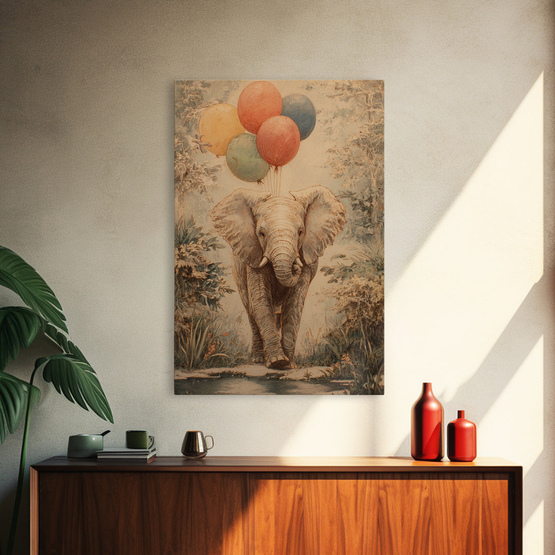 Elephant Holding Balloons Framed Canvas Print, Whimsical Art, Bird Art, Living Room Decor, Abstract Art, Wonder, WHI-2x3-83