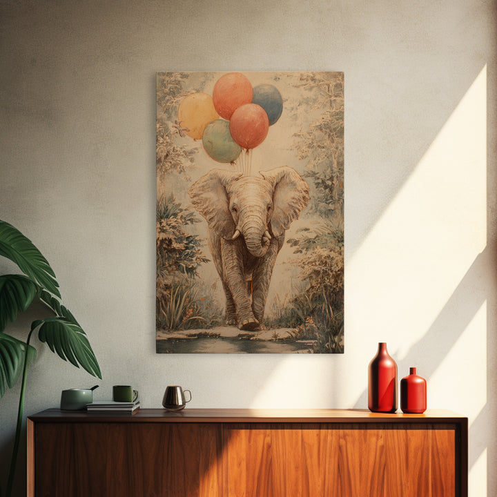 Elephant Holding Balloons Framed Canvas Print, Whimsical Art, Bird Art, Living Room Decor, Abstract Art, Wonder, WHI-2x3-83
