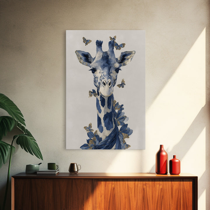Giraffe with Scarf and Butterflies Framed Canvas Print, Whimsical Art, Framed Wall Art, Living Room Decor, Fine Art, Wonder, WHI-2x3-90